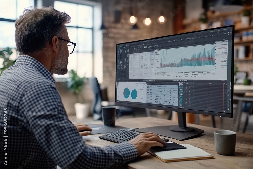 Aufkleber An expert focuses intently on a large monitor, analyzing data and writing notes at a tidy desk with a coffee mug. Generative AI