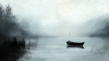 Serene Foggy Lake with Rowboat and Distant Silhouette.