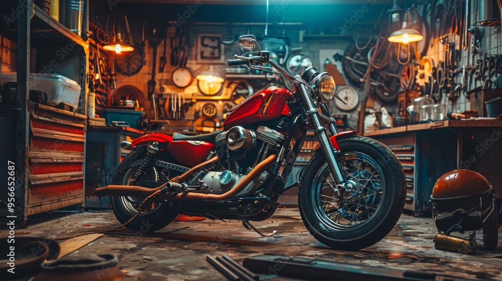 Wall mural a red motorcycle in a dimly lit garage surrounded by tools and car parts.various light sources creat