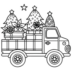 Naklejka premium Christmas Decorate Truck with Christmas Elements, Line Art Vector Illustration for Coloring Pages, Fun and Festive Holiday Design, Perfect for Kids and Adults, Isolated on White Background