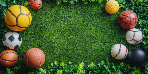 Variety of sports balls and equipment are framing a green grass background, creating a vibrant and energetic scene for sports-related themes. Flat lay, top view. Copy space. Mock up. Banner. Banner