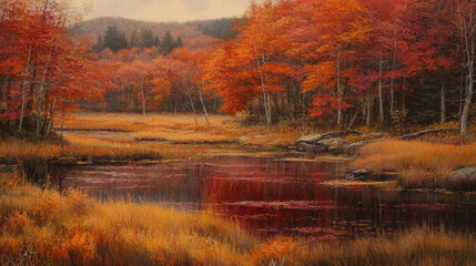 Fototapeta premium A tapestry of reds and oranges paints the landscape, natureâ€™s final masterpiece before winterâ€™s hush. 