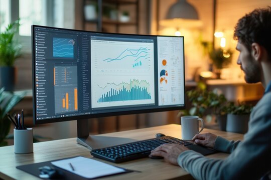 An expert is focused on a dual monitor setup, analyzing data and writing, with a well-organized desk featuring a notepad and coffee. Generative AI