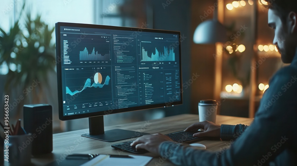 Poster an expert is deeply engaged with detailed data on a large monitor, surrounded by a tidy workspace an