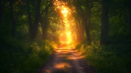 Obraz premium Sunlit forest path, bright woodland trail, dappled sunlight, lush green canopy, dirt road through trees, golden hour illumination, vibrant foliage, nature photography.