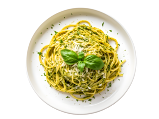 Overhead shot of pesto pasta Linguini on on a plate isolated on transparent background