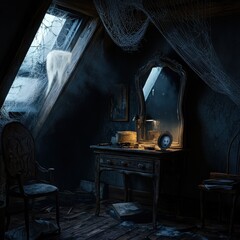 Spooky Attic Interior with Cobwebs, Dust, and a Ghostly Figure in a Mirror.