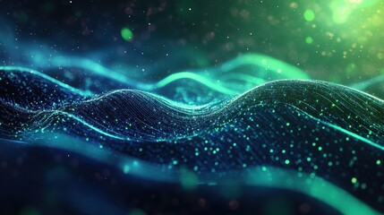 Abstract Green and Blue Wave Background with Glowing Particles and Bokeh Lights.