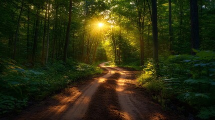 Fototapeta premium Sunlit forest path, bright woodland trail, dappled sunlight, lush green canopy, dirt road through trees, golden hour illumination, vibrant foliage, nature photography.