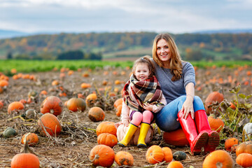 Happy woman and little kid daughter, girl having fun with farming on a pumpkin patch. Traditional...
