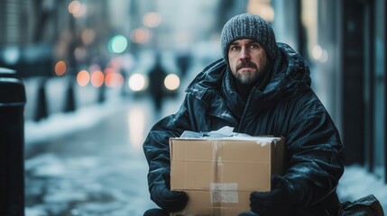 A person sits on a city sidewalk, holding a cardboard box, faced with the harsh reality of cold and isolation in urban life. Generative AI