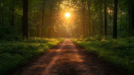 Fototapeta premium Sunlit forest path, bright woodland trail, dappled sunlight, lush green canopy, dirt road through trees, golden hour illumination, vibrant foliage, nature photography.