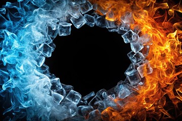 Abstract ice and fire circling frame on a black background with reflection, digital art, cold, fantasy, element, magical, circle, elemental, ethereal, opposites, icy, circle frame, flame