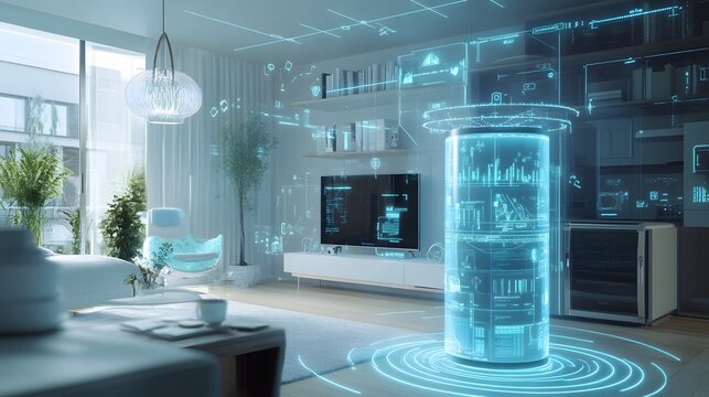 A hyper-connected smart home in the near future, featuring AI-driven appliances and seamless integration with digital interfaces
