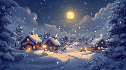 Magical Winter Village Under Full Moon with Snowfall - Christmas Holiday Illustration.