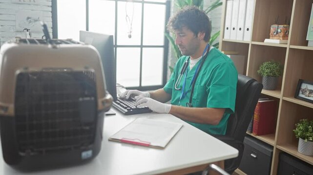 A hispanic veterinarian types on a computer in a clinic office with a pet carrier on the desk.