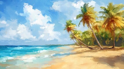 Obraz premium Oil painting depicting a tropical beach scene with palm trees evoking relaxation and travel vibes suitable for vacation themed banners and backgrounds