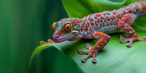 Fototapeta premium A vivid image of a colorful gecko sitting on a green leaf, showcasing its detailed and striking skin patterns, and highlighting the beauty and diversity of reptilian wildlife.