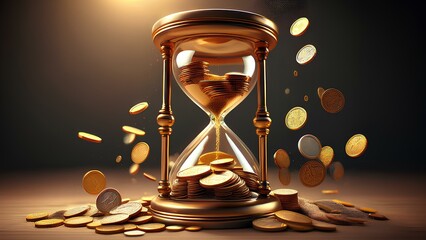 Money is pouring inside an hourglass. The hourglass is filled with coins. Concept: Time is money, business strategies, wise investments.