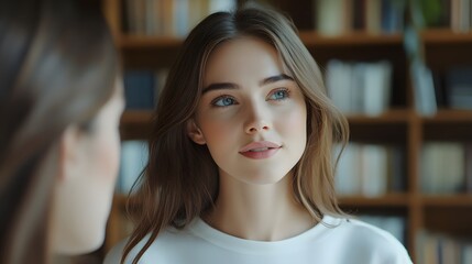 Fototapeta premium Two women in conversation, close-up portrait, bright interior, bookshelves background, soft natural lighting, brunette hair, white casual clothing, attentive expressions.