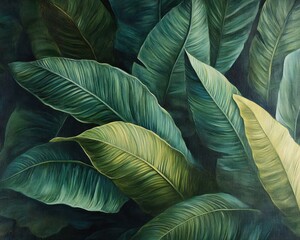 Obraz premium Oil painting showcasing textured large green leaves highlighting the unique characteristics and intricate details of foliage