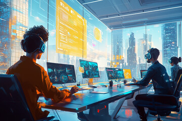 未来のオフィス：テクノロジーとリモートワークが融合するハイテク空間