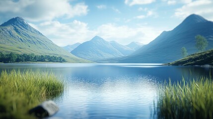 Tranquil Mountain Lake With Grassy Shoreline