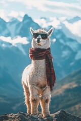 Naklejka premium A fluffy alpaca wearing sunglasses and a scarf, standing on a mountaintop.