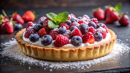Fresh Berry Tart with Whipped Cream and Powdered Sugar on a tilted angle, decadent, powdered sugar, appetizing, dessert, elegant, tilted, fancy,food, blueberries, sugar, tart, gourmet