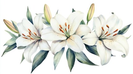 Fototapeta premium White lily arrangement Floral bouquet Isolated on a light background Hand drawn clipart suitable for wedding invitations birthday stationery greeting cards and scrapbooking Watercolor artwork