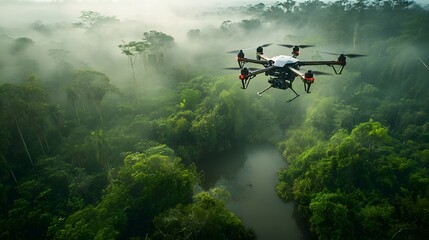 A future conservation effort, where AI monitors endangered species, and drones assist in reforestation and habitat restoration