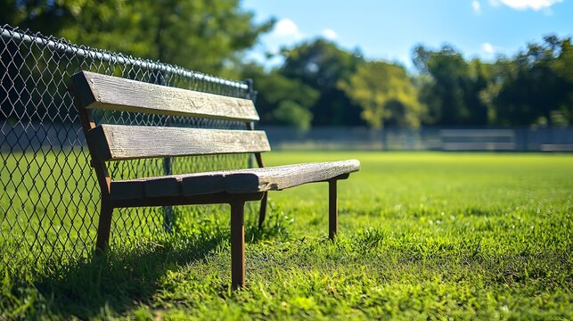 Wooden bench against chain-link fence, lush green grass field, sunny day, outdoor sports area, clear blue sky, trees in background, photorealistic, sharp focus.