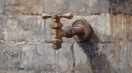 Oil painting depicting a water tap illustrating its function as a device for drawing liquid from a source with related terms such as hydrant faucet and spigot