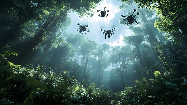 A future conservation effort, where AI monitors endangered species, and drones assist in reforestation and habitat restoration