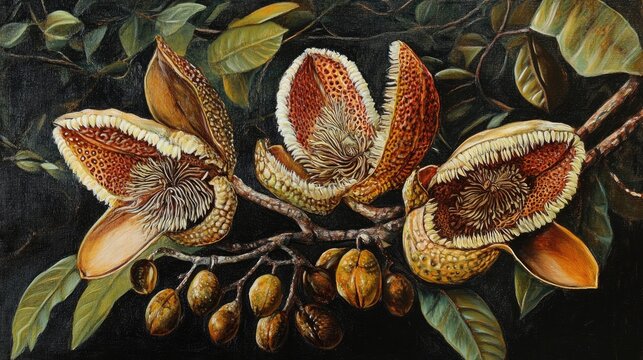 Oil painting depicting Melinjo skin an annual dioecious plant featuring open seeds and a tree like structure with male and female variants