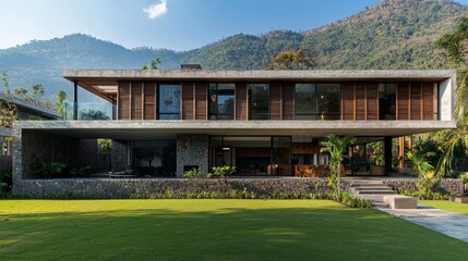 Fototapeta premium A big house with many windows sits on a lush green field