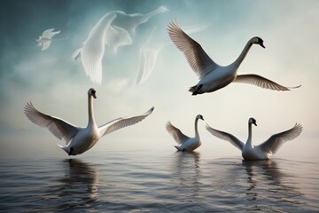 Obraz premium Elegant Swans Gliding Through a Peaceful Ethereal Landscape