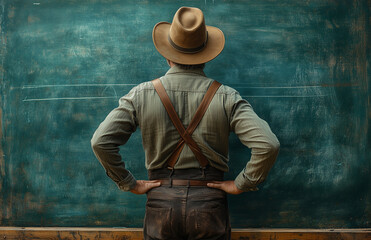 ein mann im indiana jones style mit hut schaut auf eine leere kreidetafel tafel wand