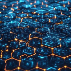 Obraz premium Abstract Futuristic Technology Background with Glowing Hexagon Pattern and Orange Lines.