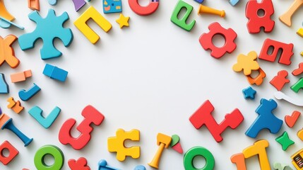 Naklejka premium Colorful Wooden Letters and Shapes on White Background