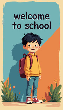 open layer vector of little cute boy going to school