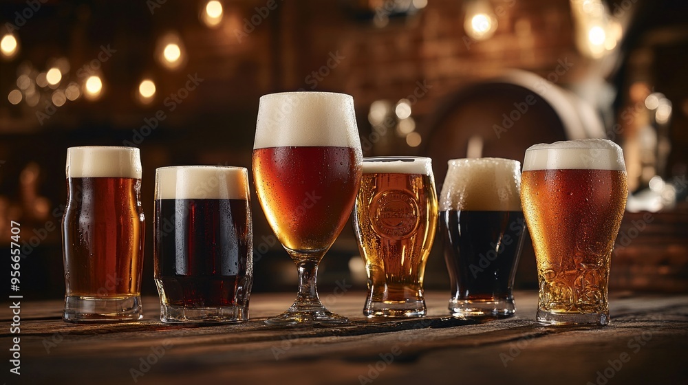 Poster a collection of different beers displayed in elegant glasses. each glass showcases a unique color an