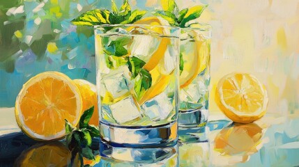 Oil painting depicting a refreshing beverage with lemon mint and ice showcasing a citrus infusion perfect for warm days
