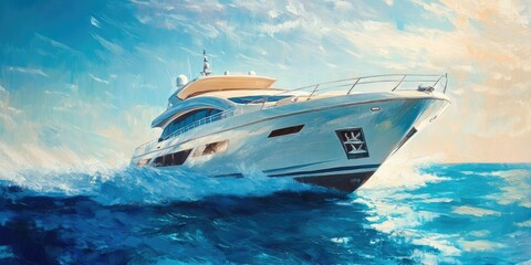 Fototapeta premium Oil painting depicting a luxury motoryacht in motion on water