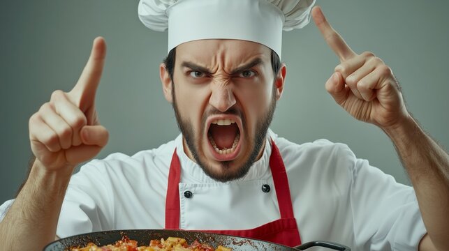 Frustrated chef passionately critiques his culinary creation in a kitchen setting during a busy dinner service
