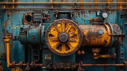 Close-up of Rusted Industrial Machinery with Yellow Wheel