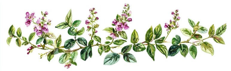 Watercolor rectangular frame featuring Hypericum flowers and oregano leaves