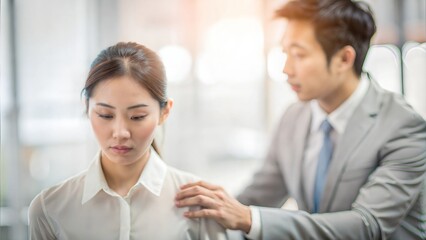 Blurred Asia workplace harassment scene, businessman's hand touch to woman shoulder at office 