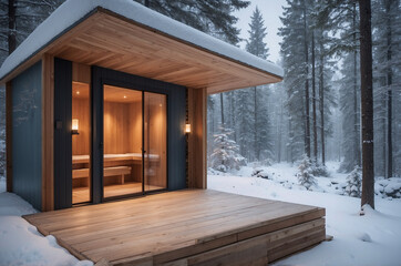Modern industrial sauna in the snowy forest, wooden sauna with warm light