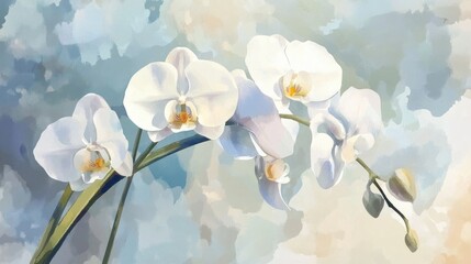 White orchid flowers in a handmade watercolor style